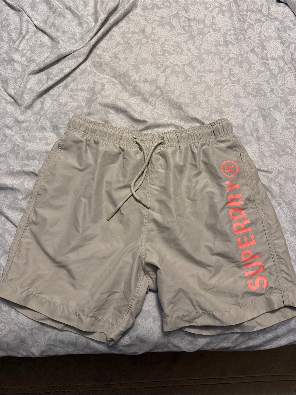 Superdry Men’s Khaki Swim Shorts with Coral Logo Print